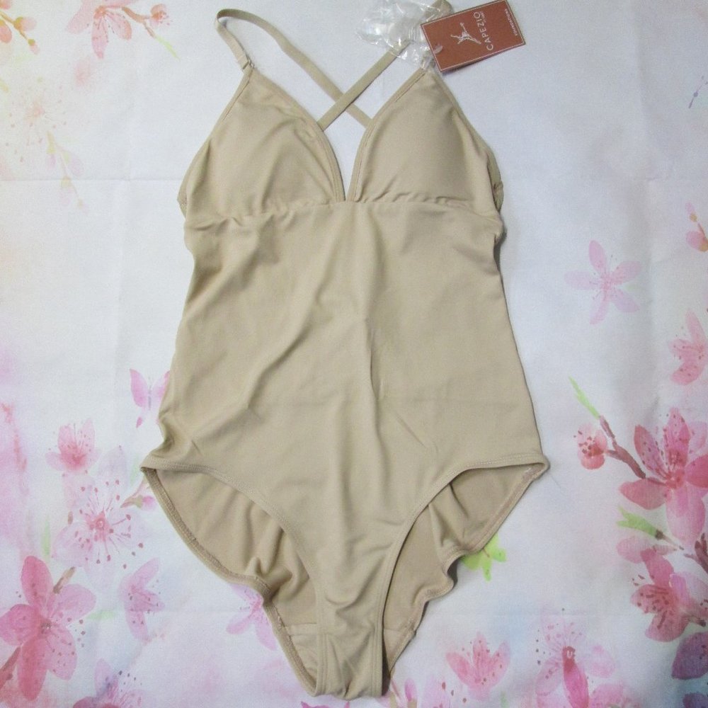 Nude Clear Strap Leotard by Capezio with padded bra.  XL Women's Dance Costume